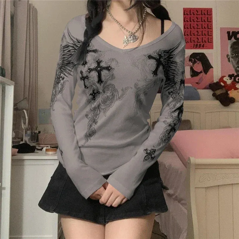 Maxct Mall Goth 2000s Retro Pullovers Tops Vintage Graphics Y2K Loose T Shirt Chic Aesthetic Autumn Long Sleeve Tees Grunge Streetwear