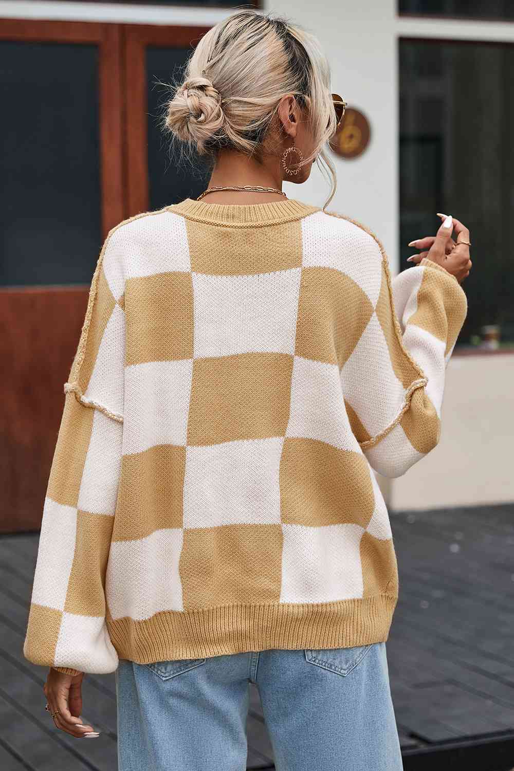 Maxct &Checkered Exposed Seam Drooped Shoulder Sweater