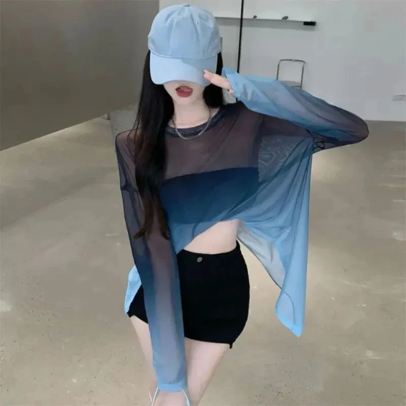 Maxct Sexy Hollow Out Backless T Shirts Women Gradient Ice Silk Loose Sunscreen Shirts Summer Gothic See Through Blouses Tops