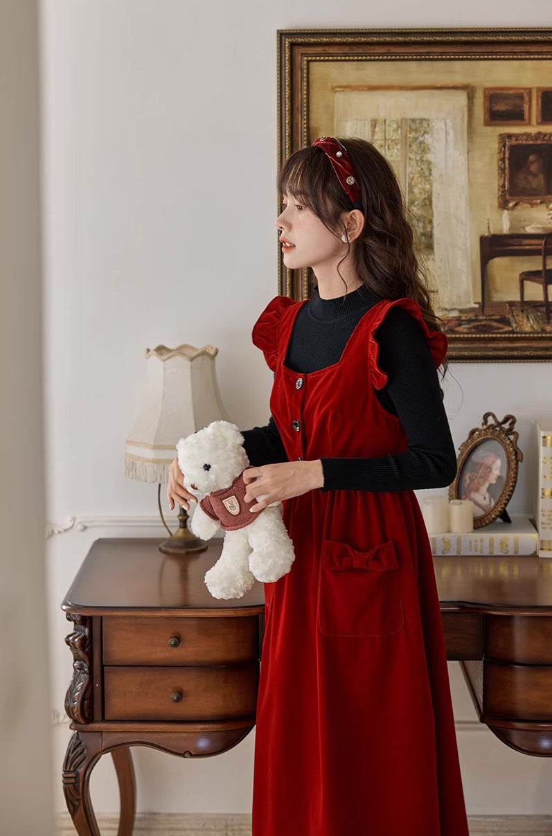 Velvet Frilly Bow Pinafore Dress Maxct