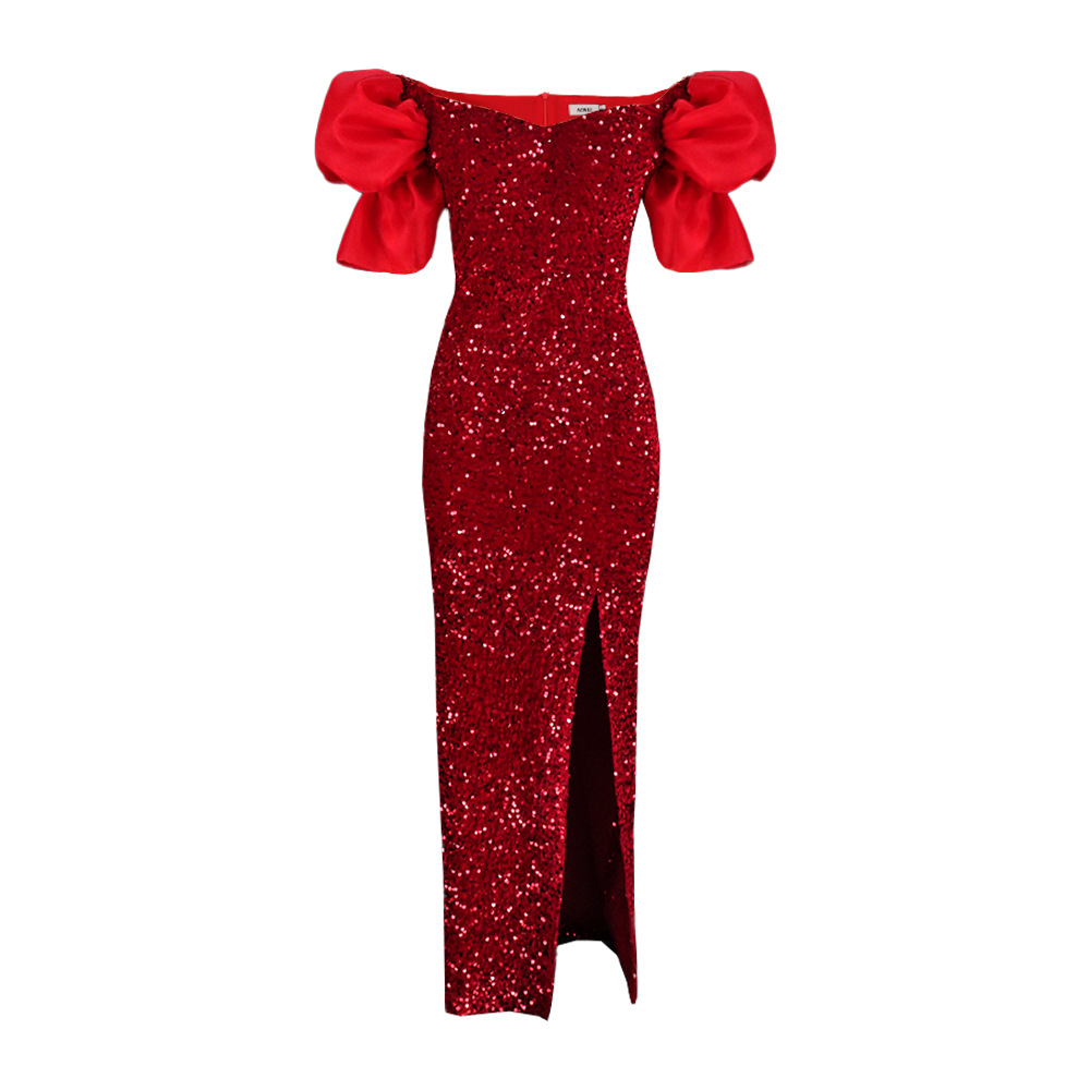 Maxct Ruffled V-neck Sequined Long Dress Ladies Banquet Evening Dress Dress Women's Party Dresses