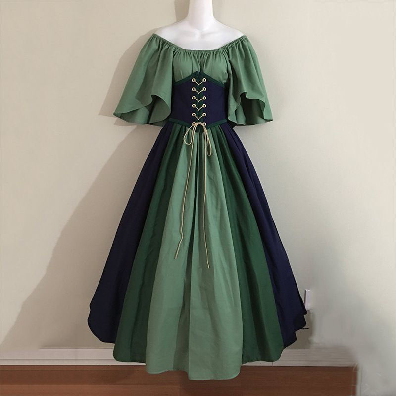 Maxct costume ideas Medieval Retro Contrast Color Slim Dress Flying Sleeve Large Swing Skirt off-Shoulder Dress Women's Cos Clothing Performance