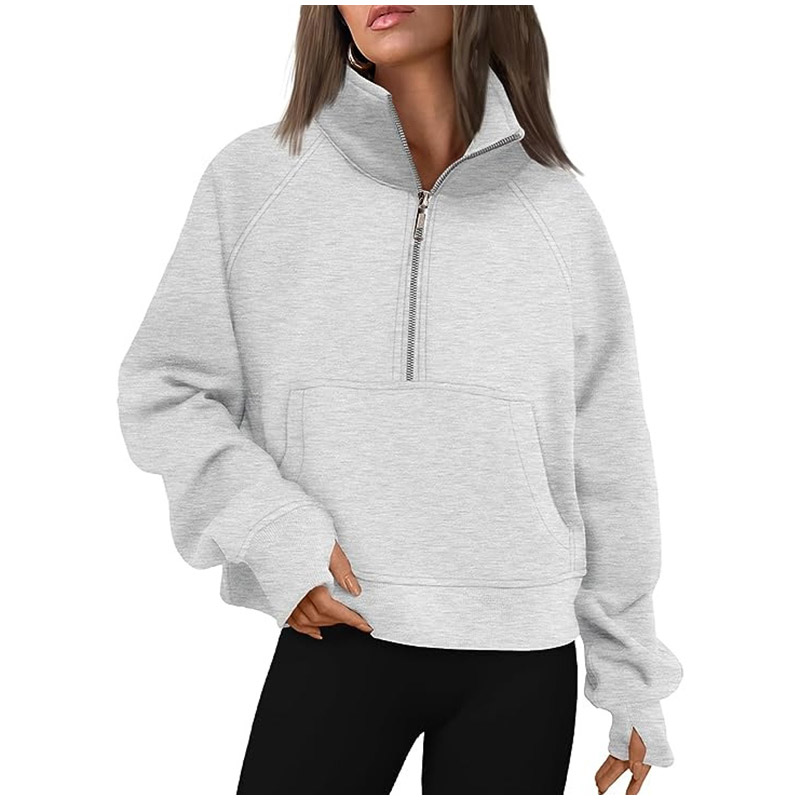 Casual Half Zipper Plush Hoodies Women Loose Solid Lapel Pockets Sweat Shirt Female Autumn Chic Warm Sports Yoga Outwear