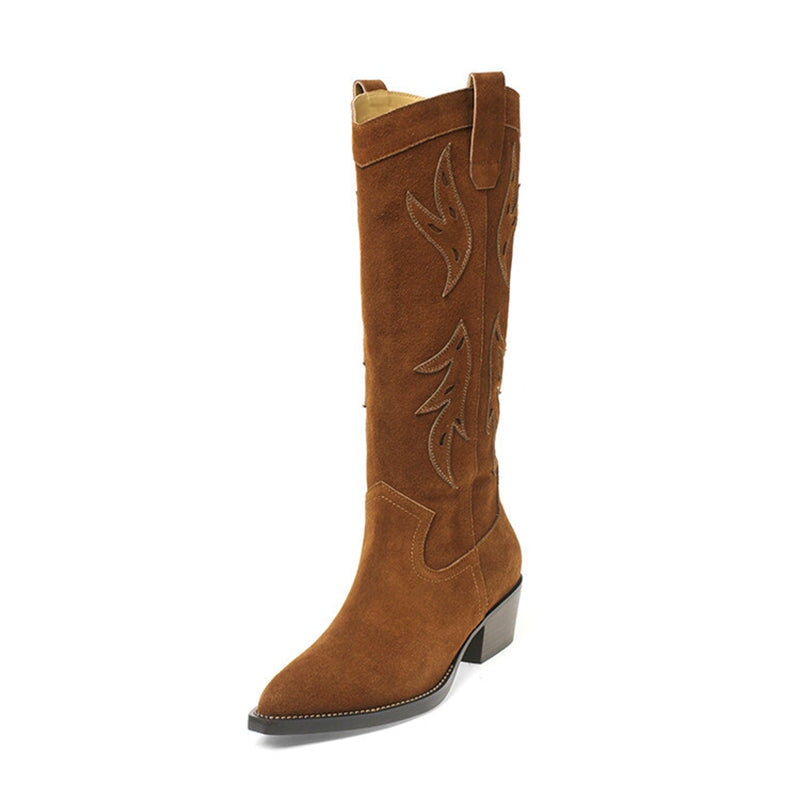 Women's Suede Western Embroidered Knee High Boots Block Heel - Black/Brown Maxct