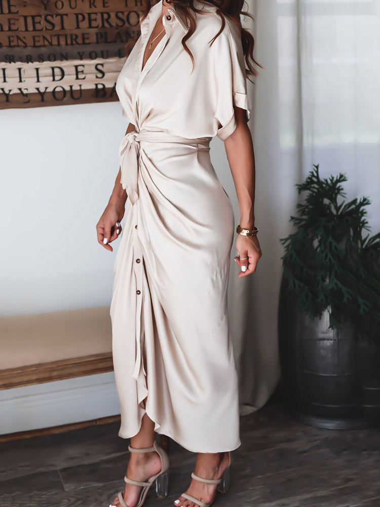 Satin Pleated Bandage Shirt Dress Maxct