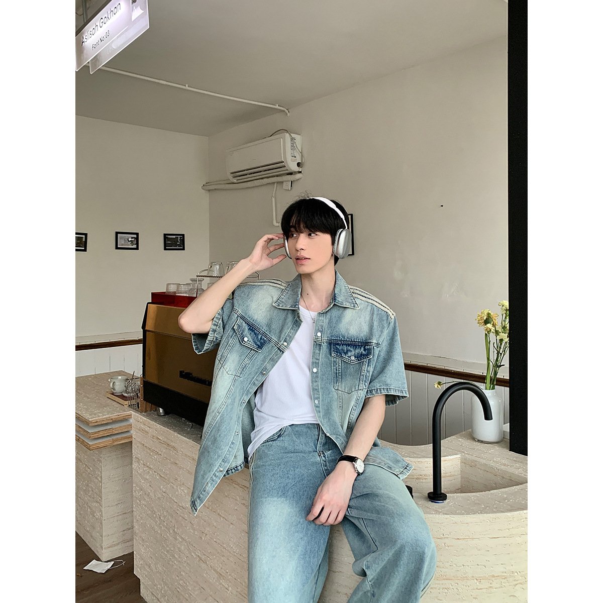 Maxct 90s Streetwear Niche Vintage Washed Padded Shoulder Short Sleeve Denim Shirt Spring And Summer New Korean Style Design Sense Shirt Coat Top - Image 3