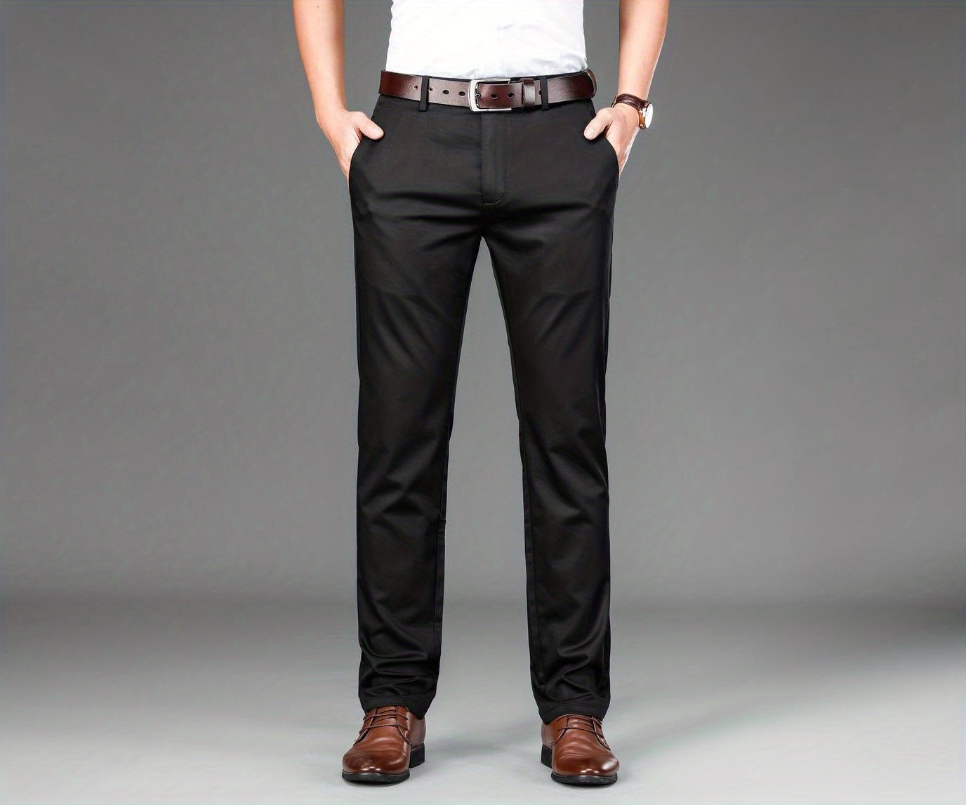 Classic Design Dress Pants, Men's Formal Solid Color Mid Stretch Dress Pants For Spring Summer Business