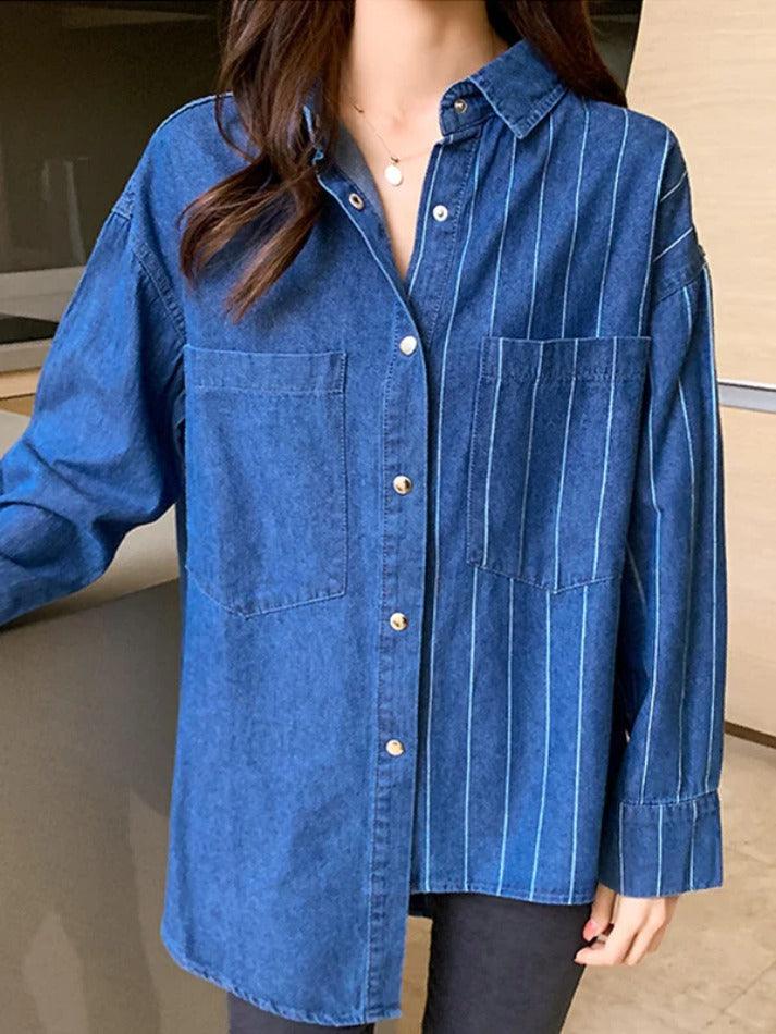 Maxct Vintage Striped Splice Denim Blouses&Shirts