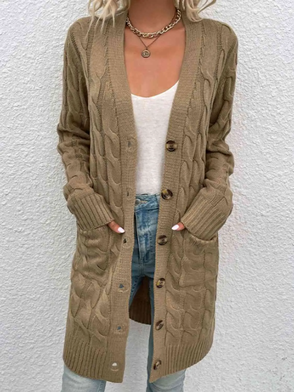 Maxct &Cable-Knit Button Down Cardigan with Pockets