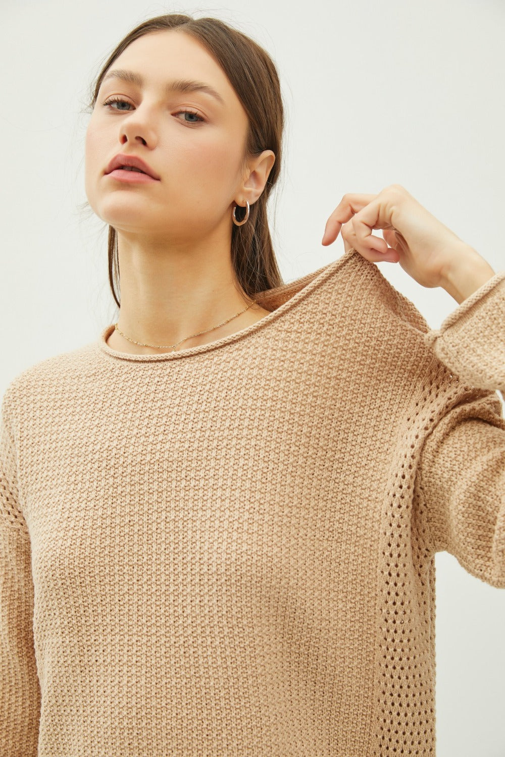 Maxct &Be Cool Rolled Openwork Round Neck Sweater