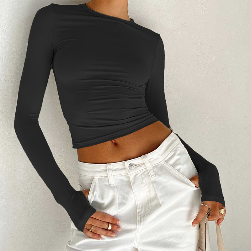 Female Korean Fashion Crop Tops Women Long Sleeve T-Shirts Solid Color O Neck Slim Fit Casual Basic Tees Going Out Outfits