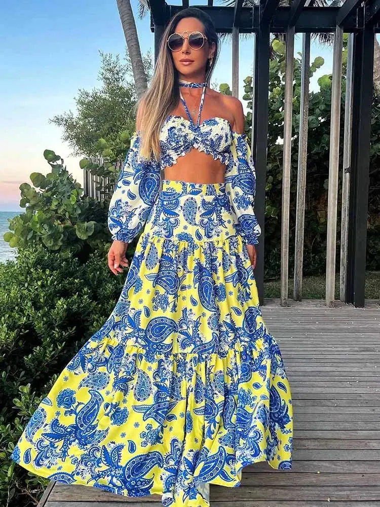 Maxct Summer Two Pieces Maxi Dress For Women Halter Lace Up Tops And Retro Floral Print Long Skirt Ruffled Holiday Beach Dresses