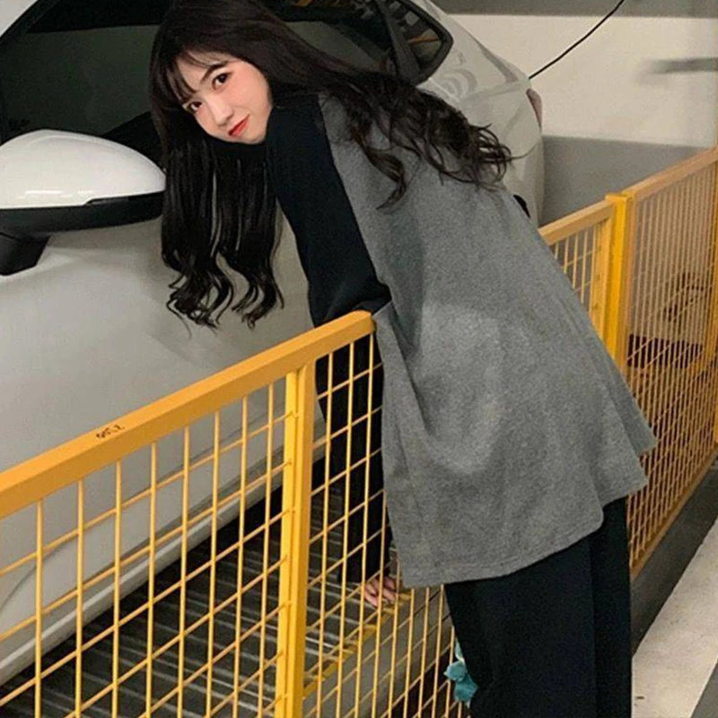 Maxct Oversized T-shirt Round Collar Contrast Color Long Sleeve Tops Women Spring Patchwork Kawaii T Shirts Unisex Streetwear