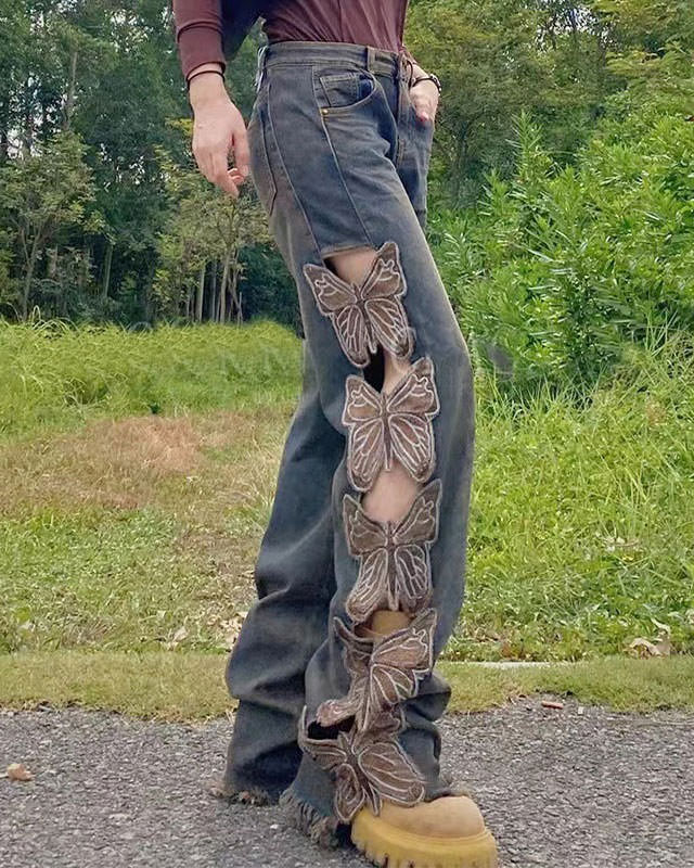 Grunge Aesthetic Butterfly Cut Out Jeans Maxct