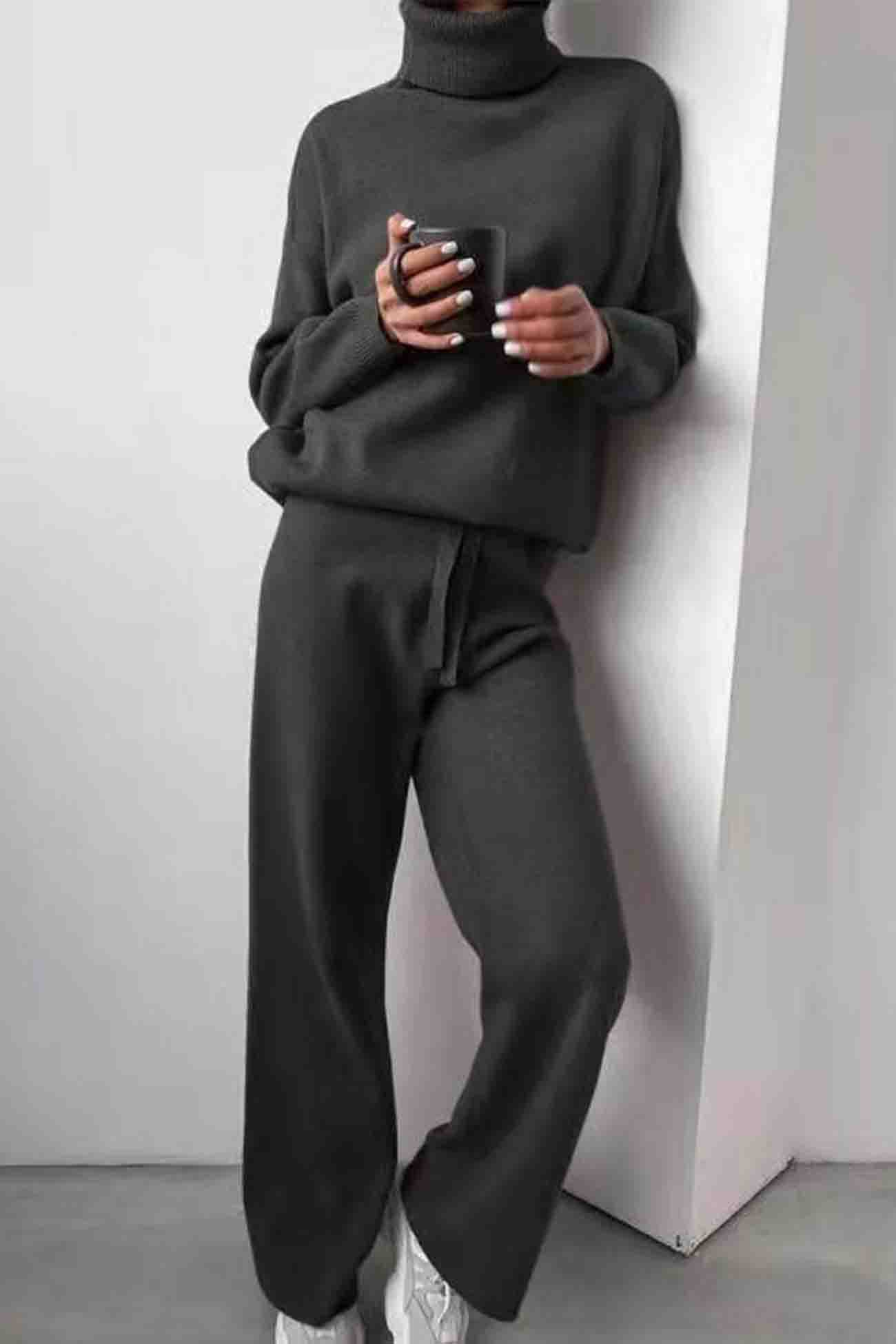 Maxct Solid Turtleneck Long Sleeve Long Pant Knitted Set