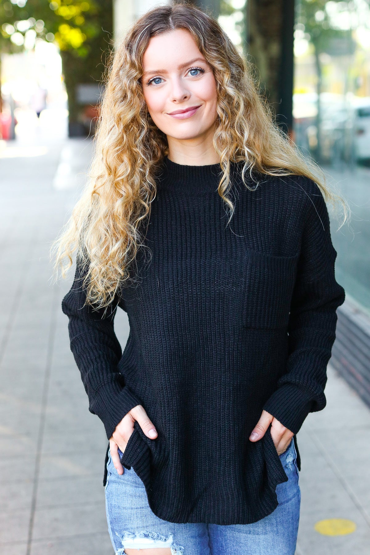 Maxct &Classy Chic Black Mock Neck Chest Pocket Knit Sweater