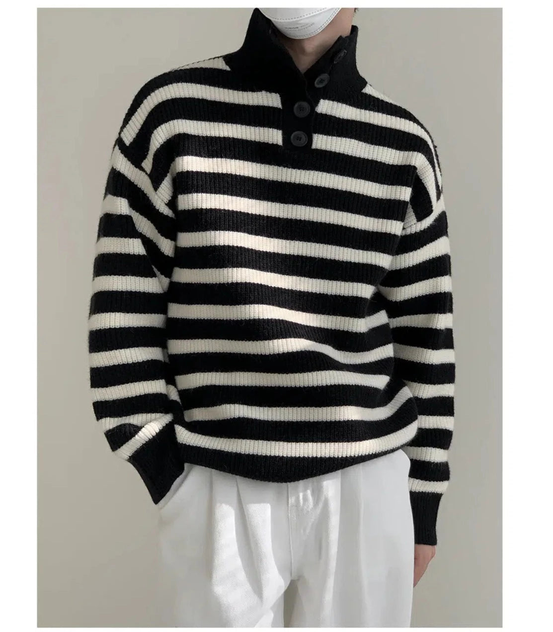 Maxct Button Stand Collar Striped Sweater
