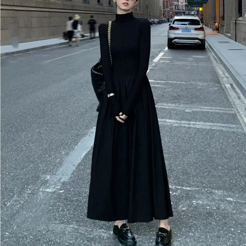 Maxct New Autumn French Midi Dresses Women Elegant Chic Turtleneck Fashion Casual A-Line Black Long Sleeve Cotton Female Clothing