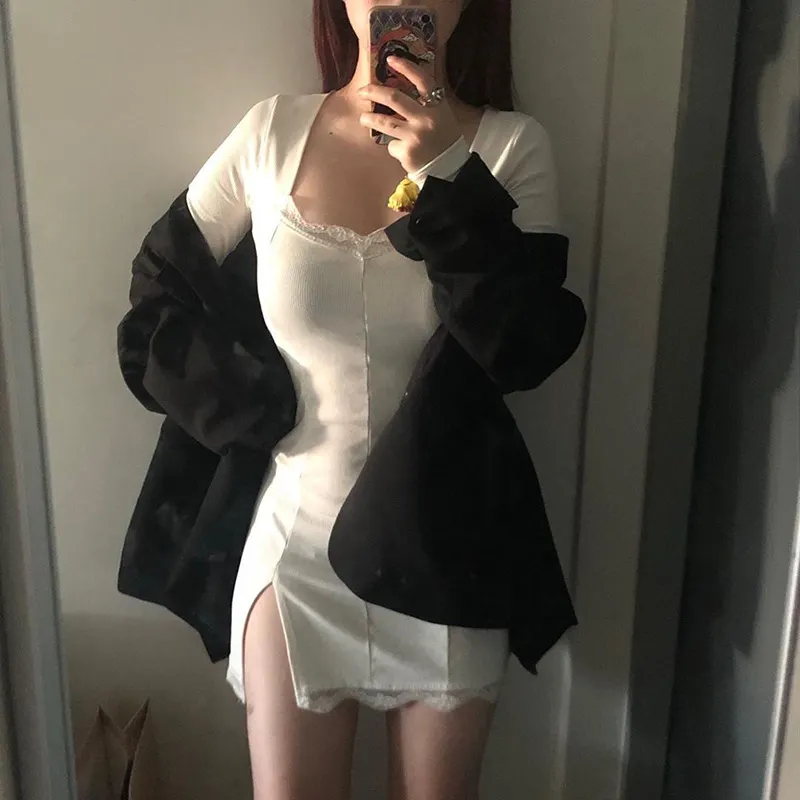 Maxct Autumn Spring Women Sexy Lace Patchwork Long Sleeve Split Dress Hip Package Mini Vestido Party Club Low Chest Outfits Cloth