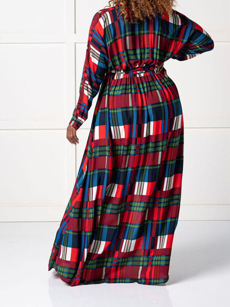 Plaid Print Shirt Collar Maxi Dress Maxct