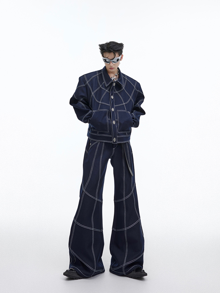 Oversize Stitch Denim Jacket & Wide-leg Stitch Denim Jeans Setup NA676