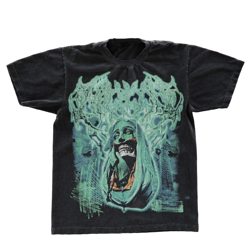 Maxct 90s Streetwear Gothic Streetwear T Shirts Men Harajuku Retro Print Pattern Oversized Tshirt Y2K Punk Skull Demon Graphic Short Sleeved Tops