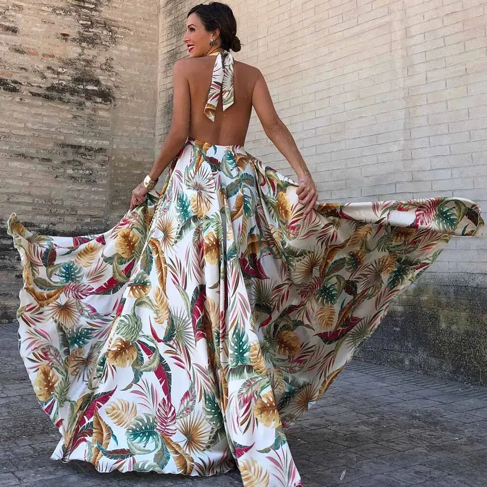 Maxct Floral Printed Yellow Dresses For Women Elegant Sleeveless Long Dress Holiday Lace Up Robe Summer Bodycon Vestidos Feminino