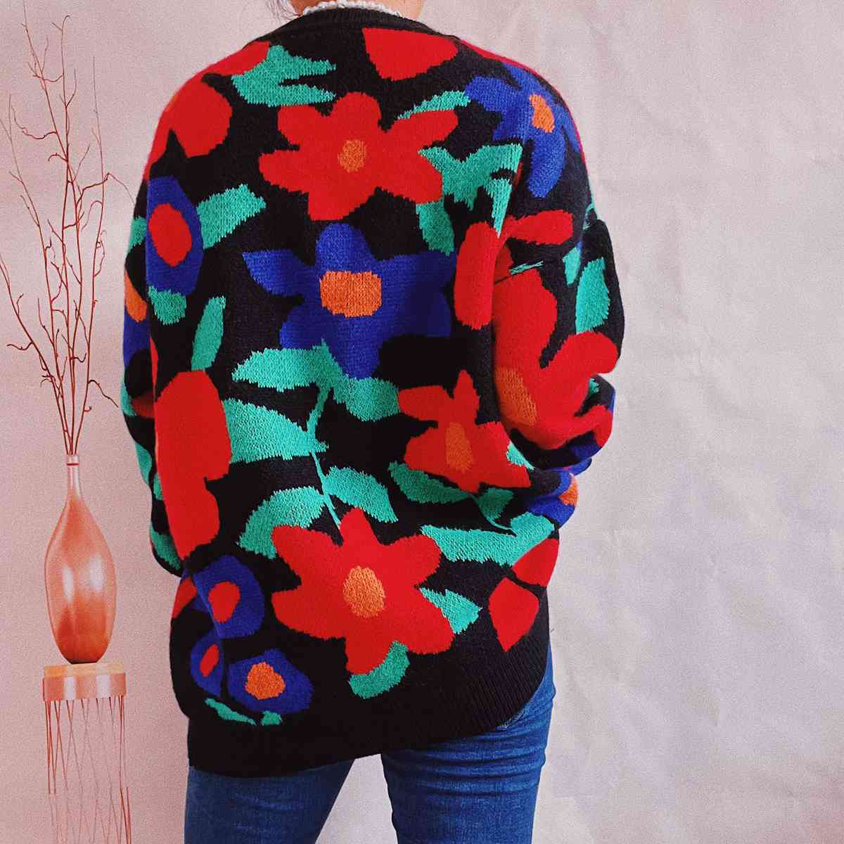 Maxct &Floral Print Round Neck Drop Shoulder Sweater