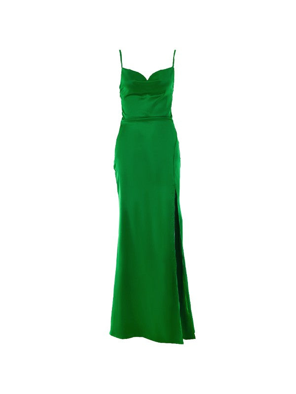 Cowl Neck Split Satin Maxi Dress Maxct