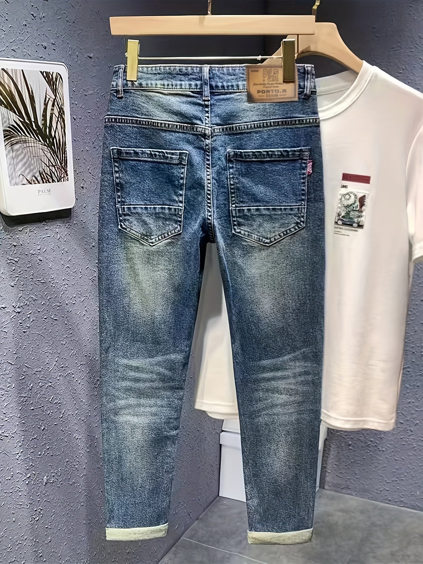 Maxct  Regular Retro Straight Leg Jeans, Men's Casual Street Style Stretch Distressed Denim Pants With Pockets