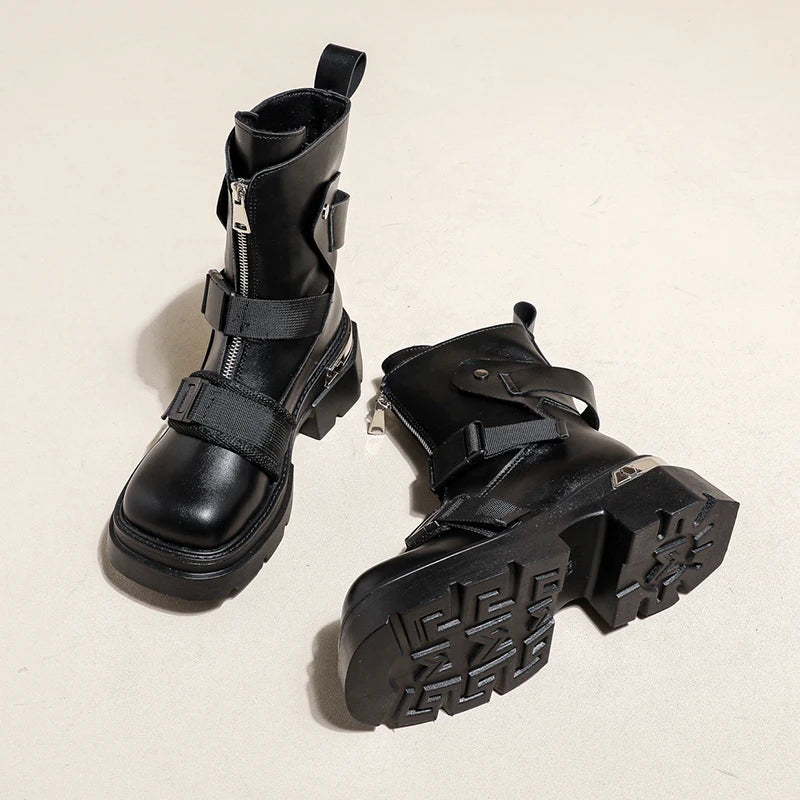 Chunky Platform Ankle Boots Trendy Belt Buckle Accent Maxct