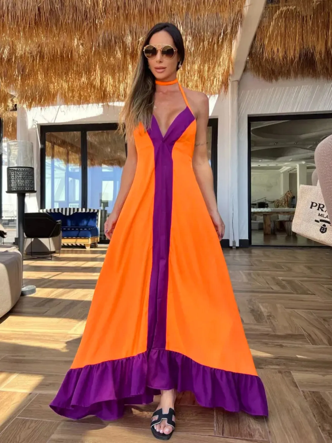 Maxct New Elegant Women Maxi Dress Halter Sleeveless Backless Casual Loose Robe Summer Beach Holiday Tie Up Dress