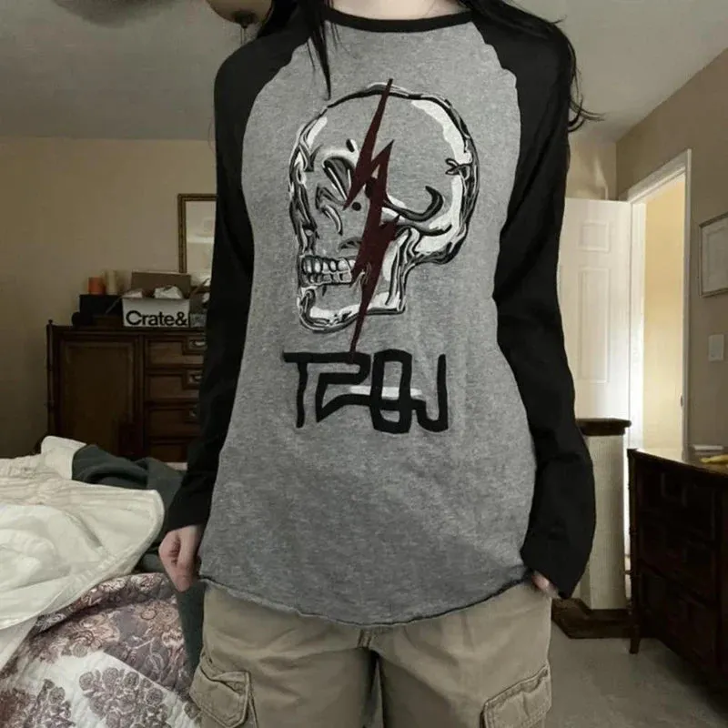 Maxct Mall Goth 2000s Retro Pullovers Tops Vintage Graphics Y2K Loose T Shirt Chic Aesthetic Autumn Long Sleeve Tees Grunge Streetwear