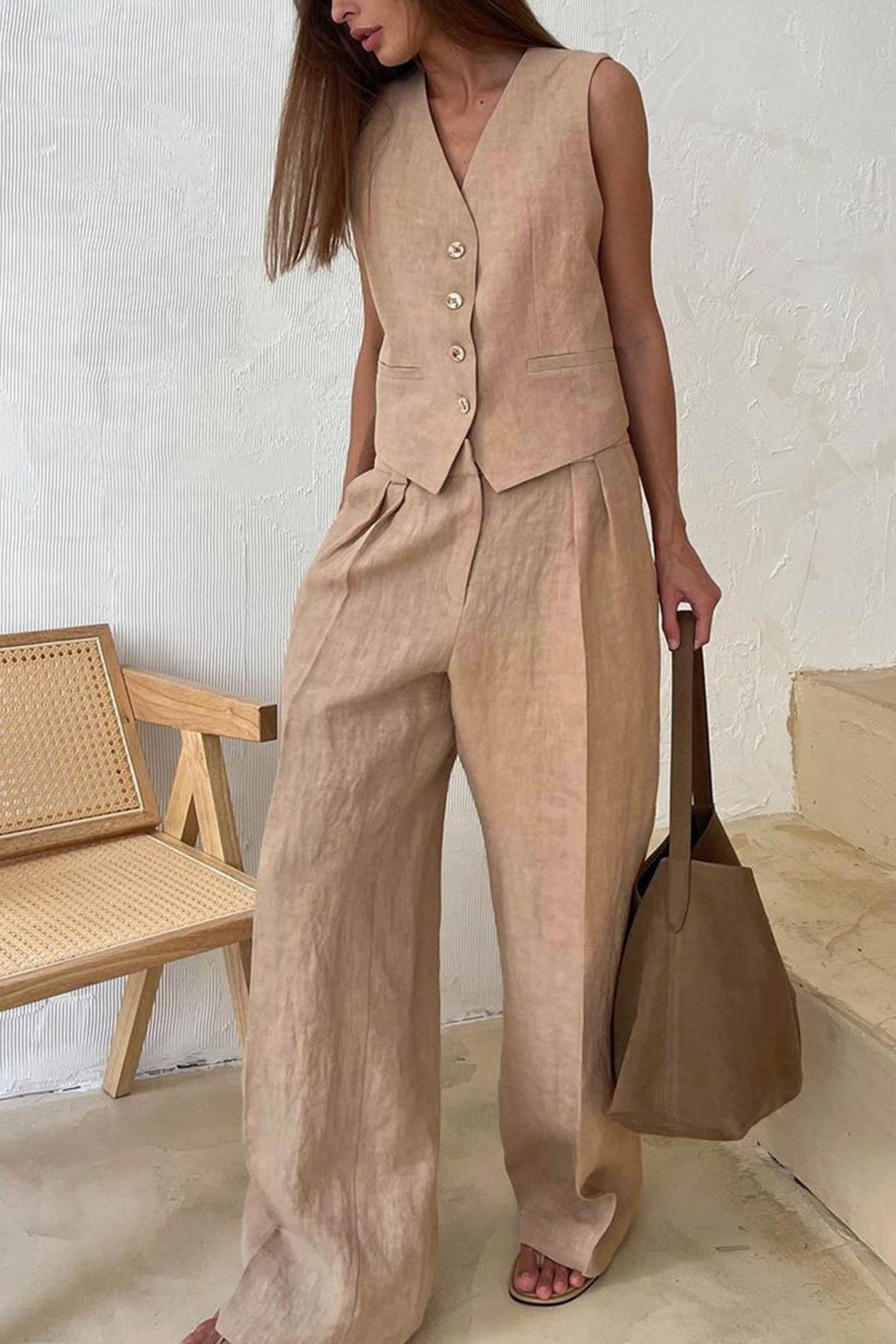 Maxct Cotton Linen Tank Top Pants Suits