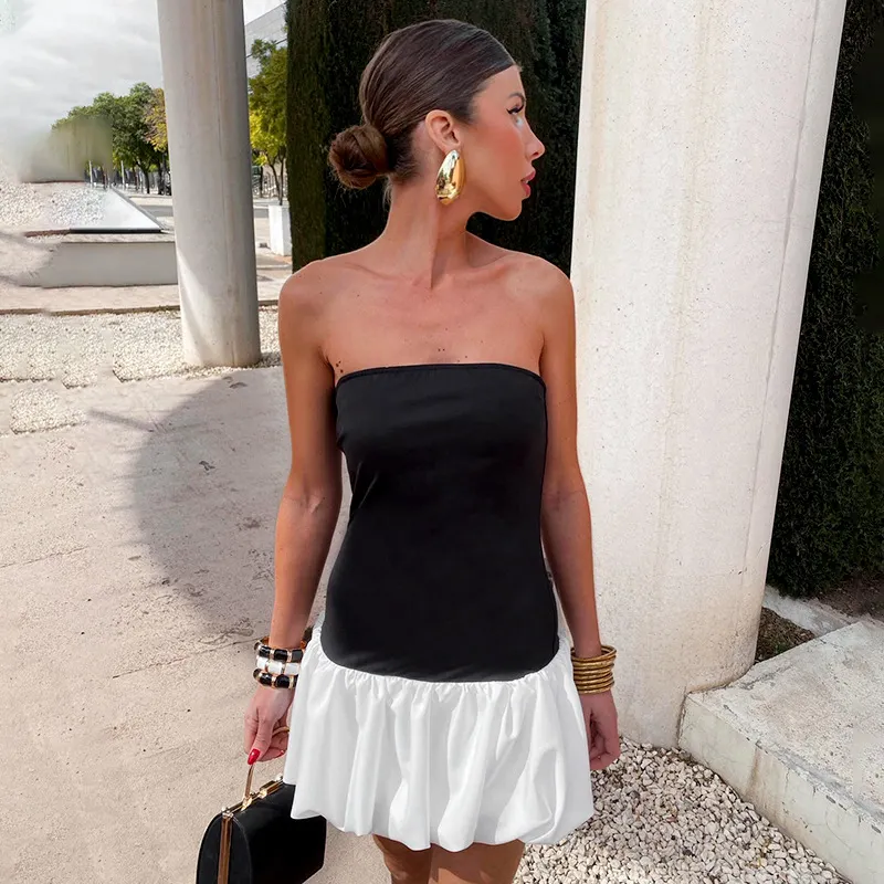 Contrast Color Mini Folds Dress For Strapless Slim Sleeveless Ruched Splice Y2K Beach FeClub Party Dress