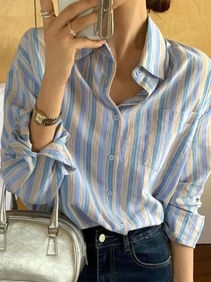 Maxct Contrast Color Striped Long Sleeve Blouse