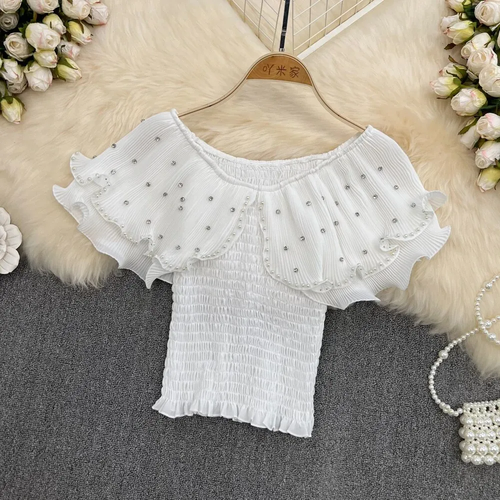Maxct Sweet Cropped T-shirt Women Beading Ruffles Slash Neck Crop Tops Girls High Stretchy Fashon Tee Shirts