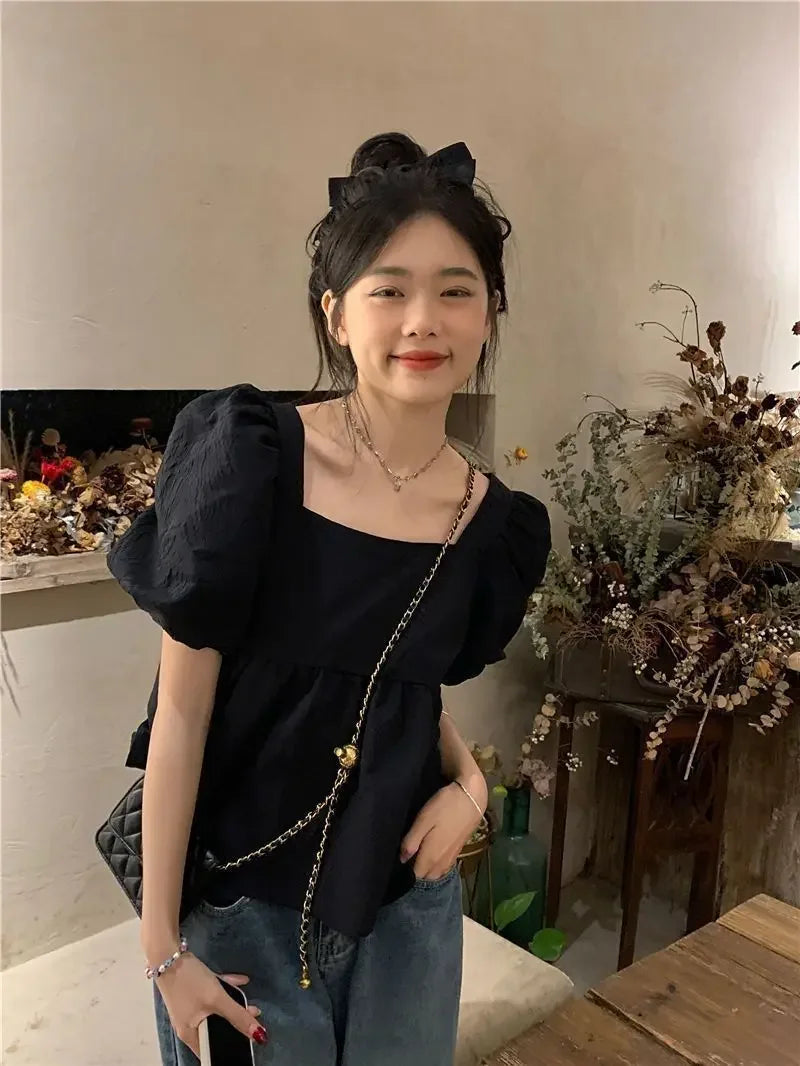 Maxct Blouses Women Square Collar Sweet Loose French Style Puff Sleeve Chic Ruffles Simple Ulzzang Solid Fashion Temper Student Summer