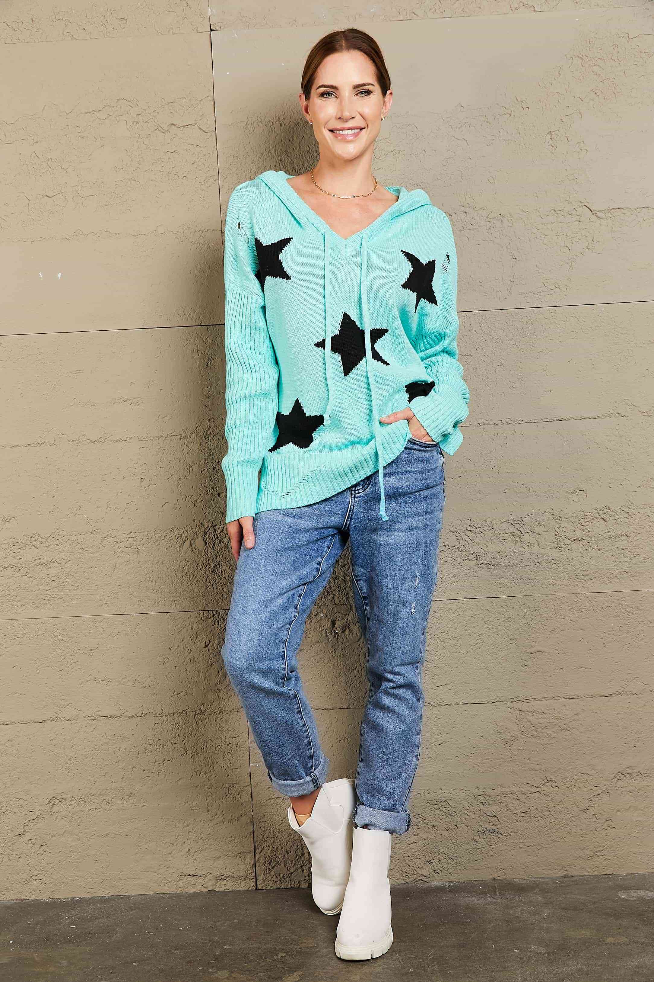 Maxct &Woven Right Star Distressed Slit Hooded Sweater