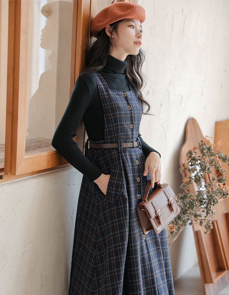 Button Up Plaid Pinafore Dress Maxct