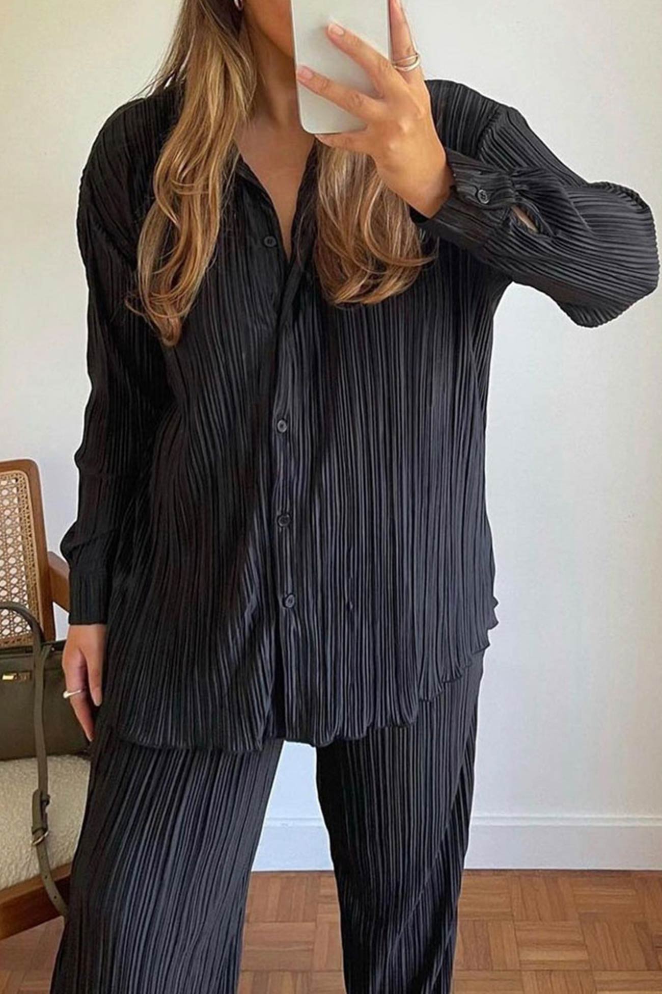 Maxct Pleated Shirt Wide Leg Pants Set - Image 9