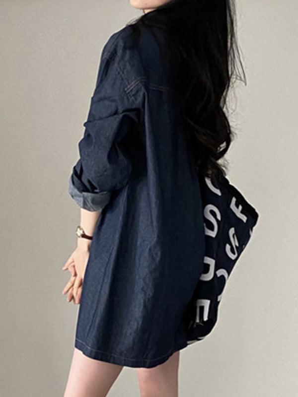 Maxct Vintage Laple Long Sleeve Denim Shirt Blouses