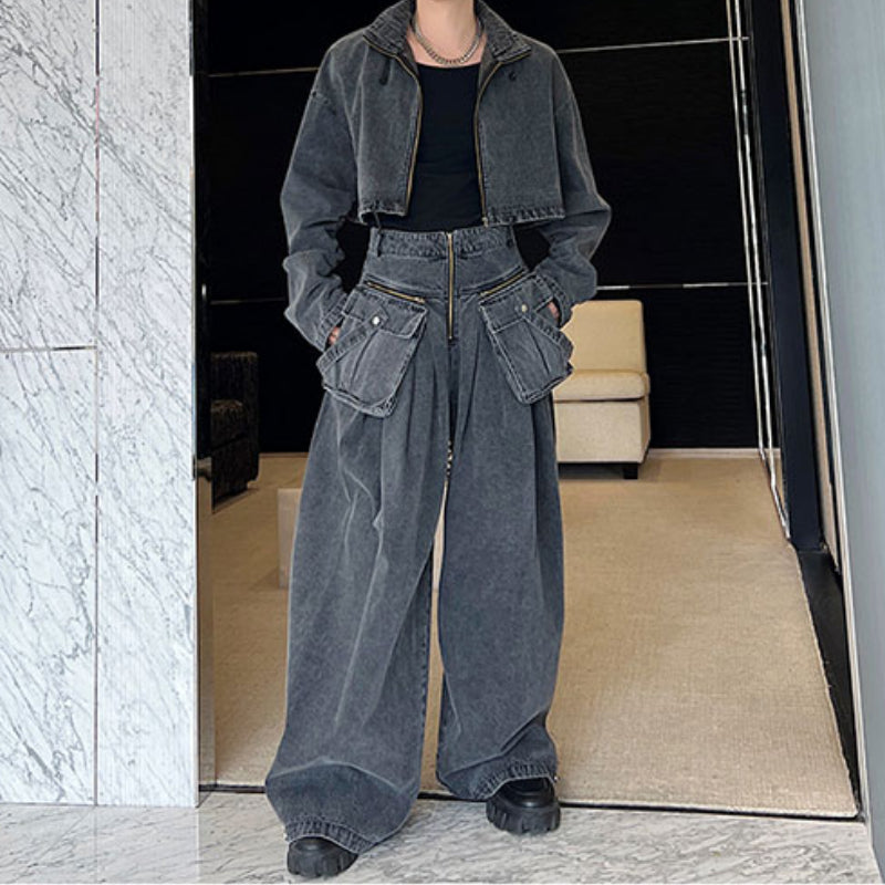 Maxct Loose Oversized Cropped Jacket Denim Set