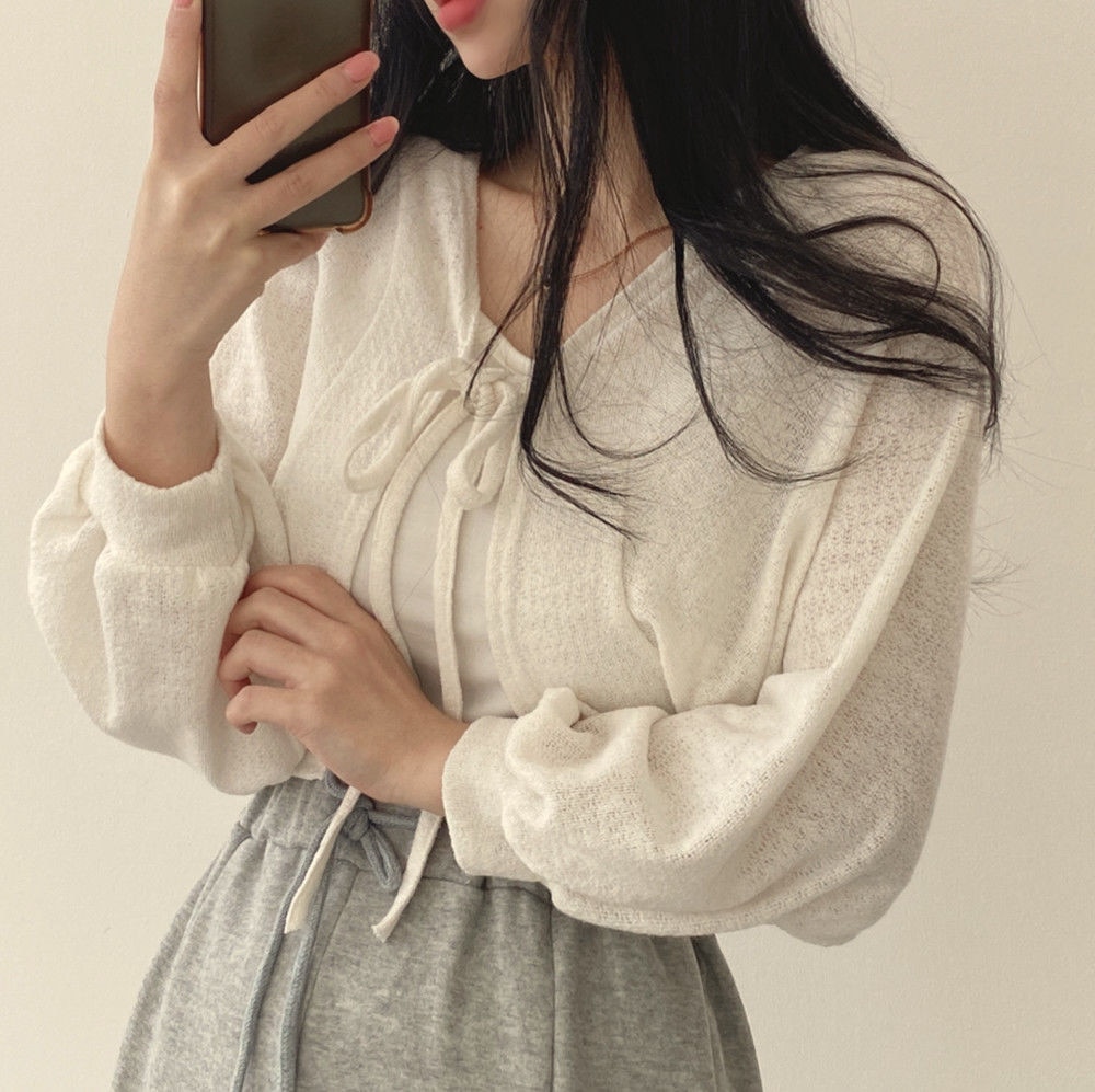 Thin White Cardigan Bandage Lantern Sleeve Short Coat Pull Femme Knitwear Top Girl Cardigan Korean Style Casual T Shirt
