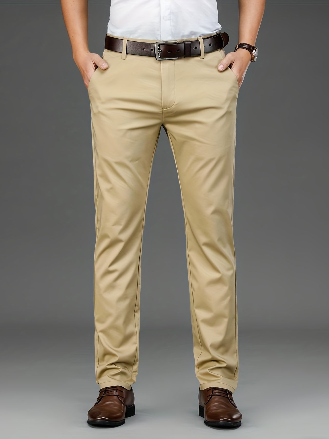 Maxct  Classic Design Dress Pants, Men's Formal Solid Color Mid Stretch Dress Pants For Spring Summer Business