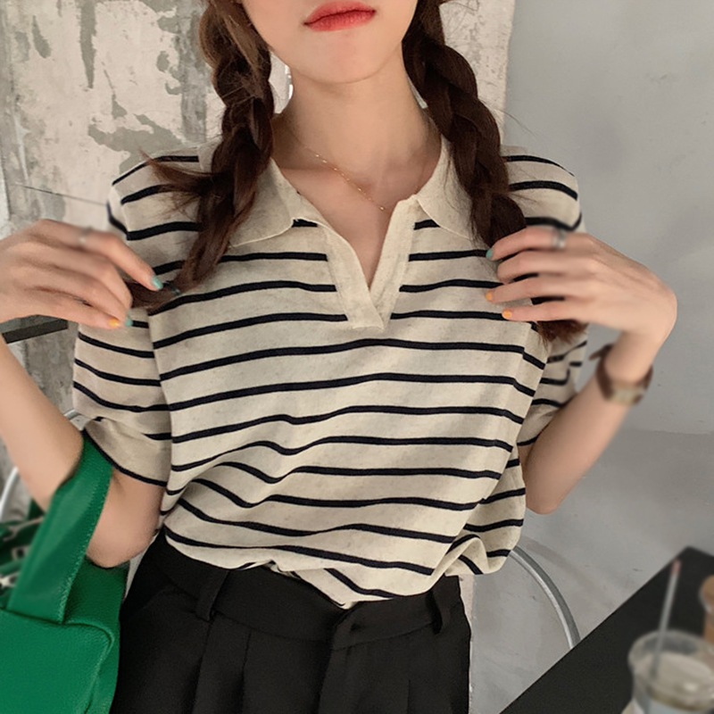 Maxct Women's Knitted Short Sleeve Top T-shirt Loose French Stripe Shirt