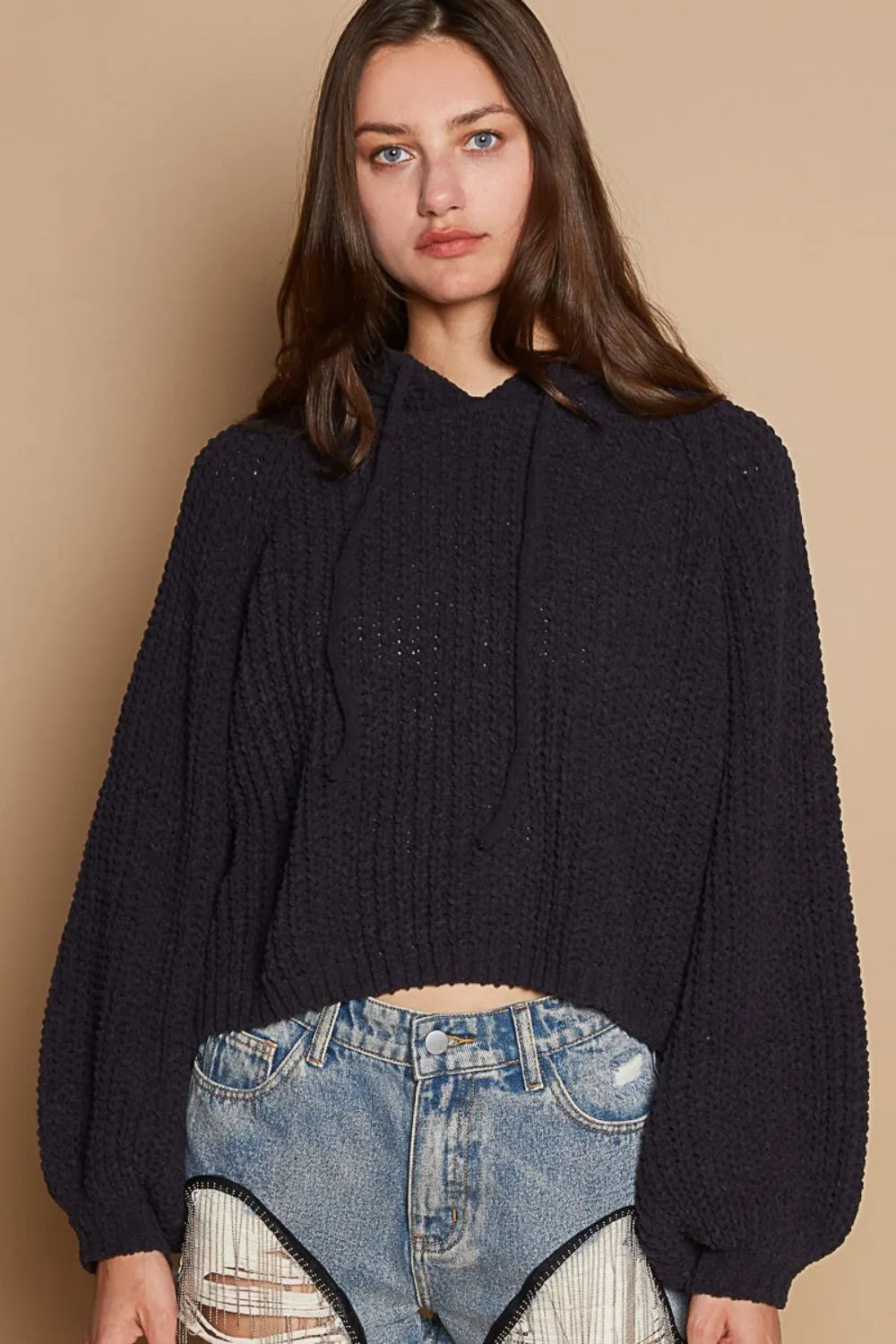 Maxct &POL Back Open Slit Balloon Sleeve Crop Hooded Sweater