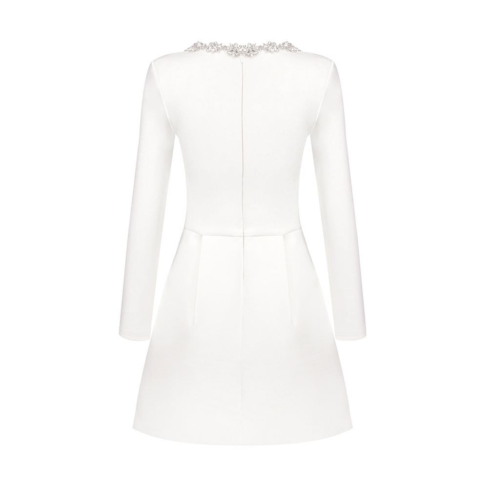 2024 New Women's White French Square Collar Diamond Long Sleeve Bandage Dress Summer High-end Sense