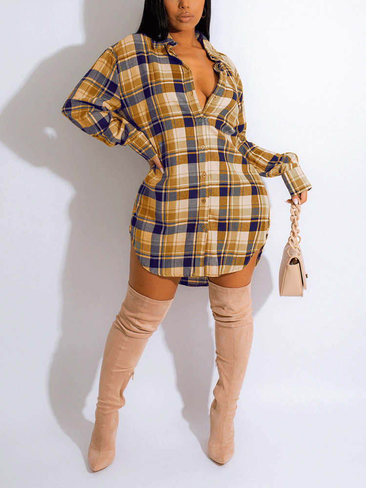 Long Sleeve Plaid Buckle Shirt Dress Maxct