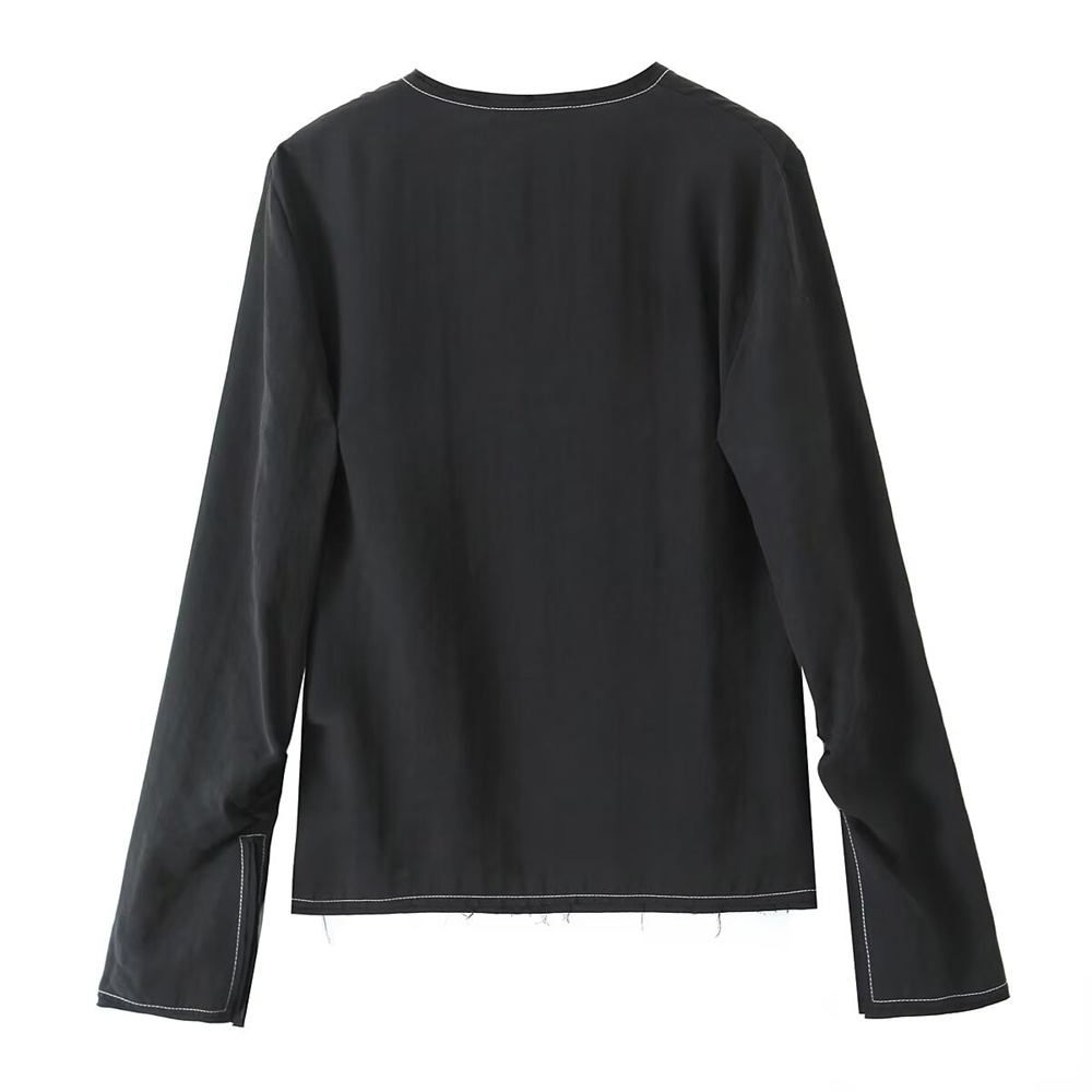 Autumn New Women's Fashion Simple Slim Fit Solid Color Deep V-neck Bow Tie Decorative Long Sleeve Shirt